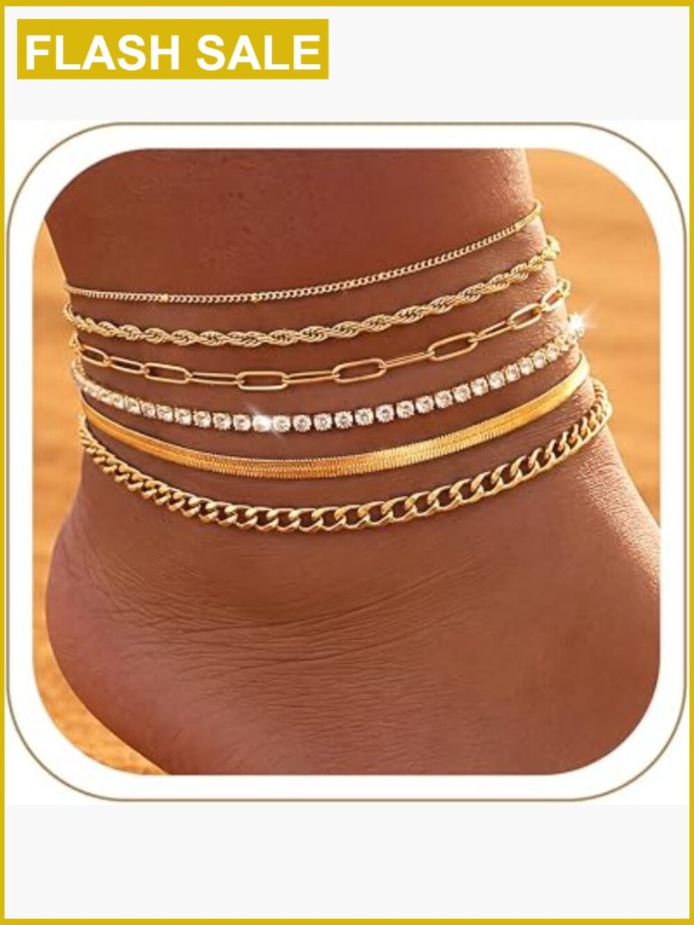 6-Piece Plus Size Ankle Bracelet Set, 14K Gold Plated Waterproof Anklets with